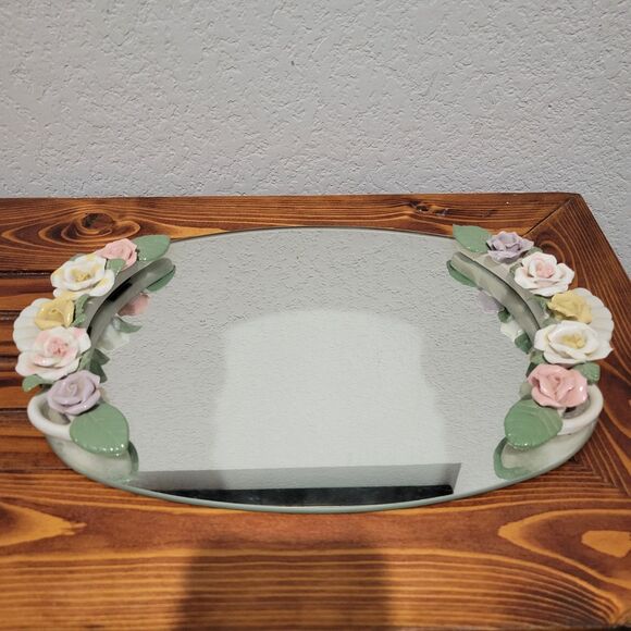 Vintage Capodimonte Style Flower Mirrored Vanity Tray - 13.5" x 9" Victorian - Picture 4 of 7